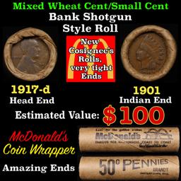 Lincoln Wheat Cent 1c Mixed Roll Orig Brandt McDonalds Wrapper, 1917-d end, 1901 Indian other end