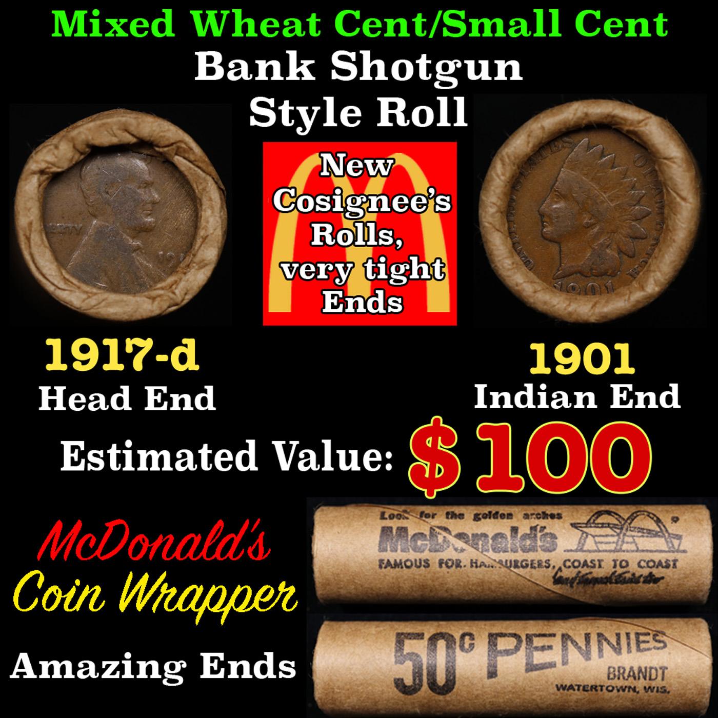Lincoln Wheat Cent 1c Mixed Roll Orig Brandt McDonalds Wrapper, 1917-d end, 1901 Indian other end