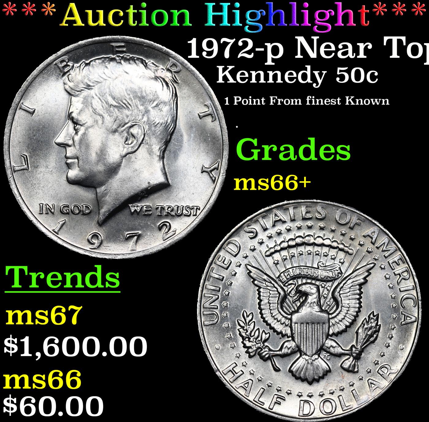 ***Auction Highlight*** 1972-p Kennedy Half Dollar Near Top Pop! 50c Graded ms66+ By SEGS (fc)