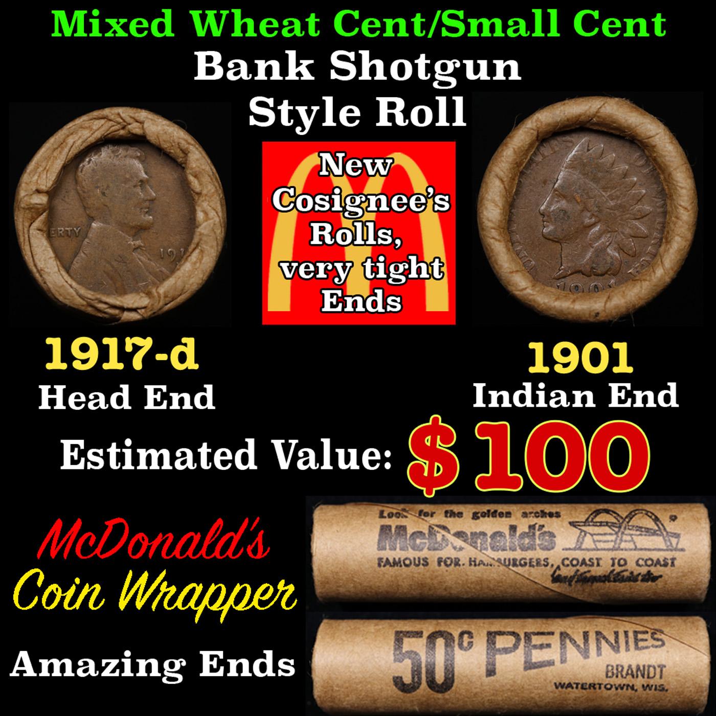 Lincoln Wheat Cent 1c Mixed Roll Orig Brandt McDonalds Wrapper, 1917-d end, 1901 Indian other end