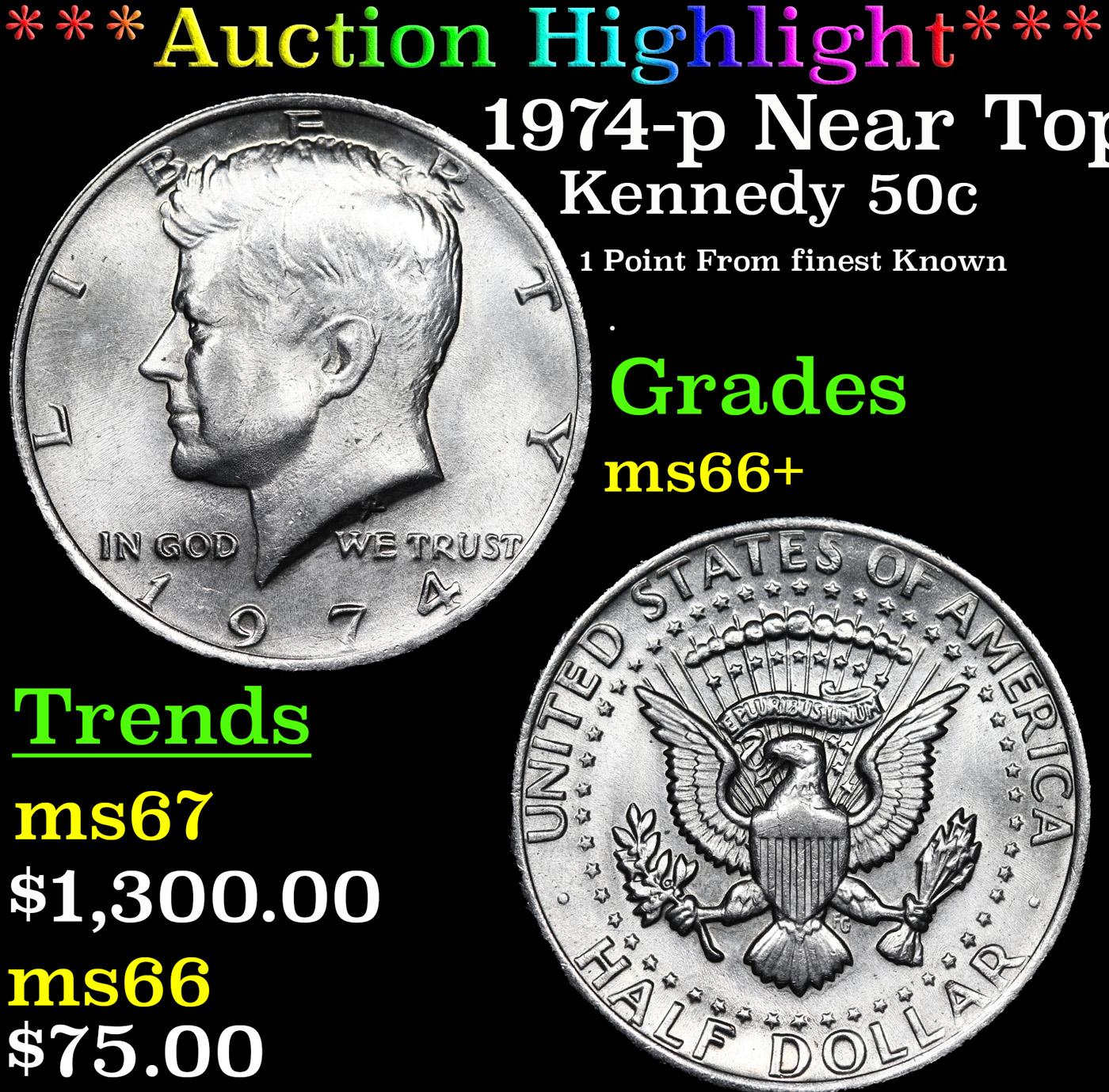 ***Auction Highlight*** 1974-p Kennedy Half Dollar Near Top Pop! 50c Graded ms66+ By SEGS (fc)