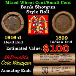 Lincoln Wheat Cent 1c Mixed Roll Orig Brandt McDonalds Wrapper, 1916-d end, 1899 Indian other end