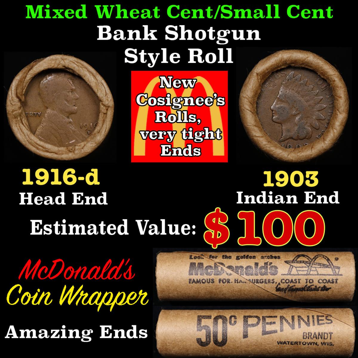 Lincoln Wheat Cent 1c Mixed Roll Orig Brandt McDonalds Wrapper, 1916-d end, 1903 Indian other end