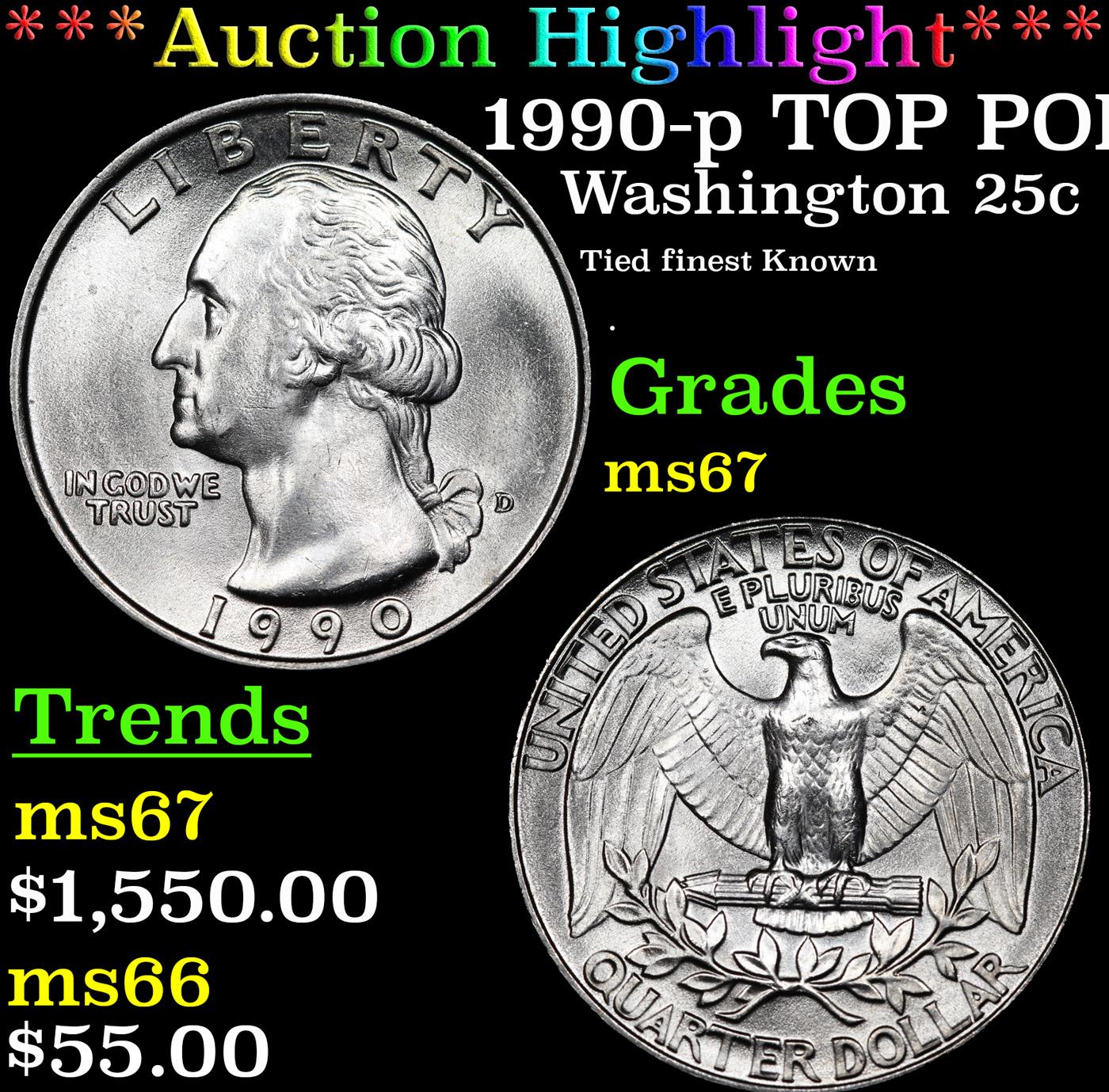 ***Auction Highlight*** 1990-p Washington Quarter TOP POP! 25c Graded ms67 By SEGS (fc)