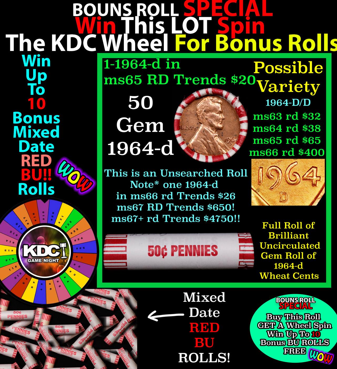 CRAZY Penny Wheel Buy THIS 1964-d solid Red BU Lincoln 1c roll & get 1-10 BU Red rolls FREE WOW