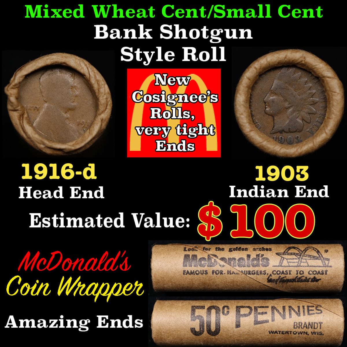 Lincoln Wheat Cent 1c Mixed Roll Orig Brandt McDonalds Wrapper, 1916-d end, 1903 Indian other end