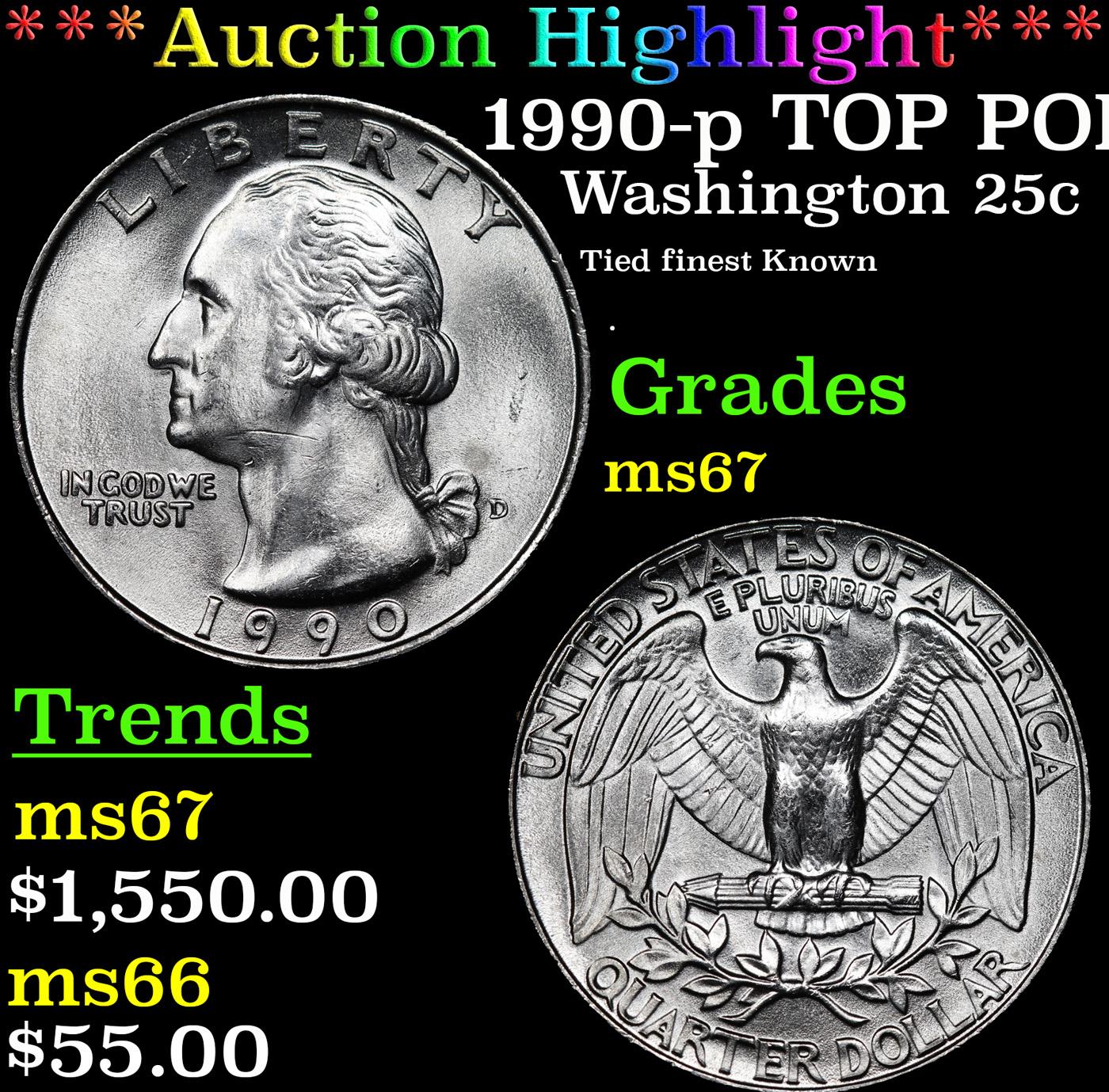 ***Auction Highlight*** 1990-p Washington Quarter TOP POP! 25c Graded ms67 By SEGS (fc)