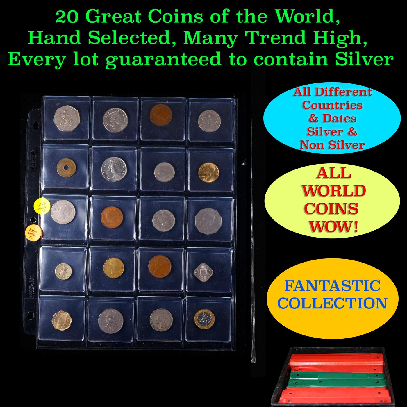 20 Great Coins of the World, hand selected, many trend high, every lot guaranteed to contain Silver.