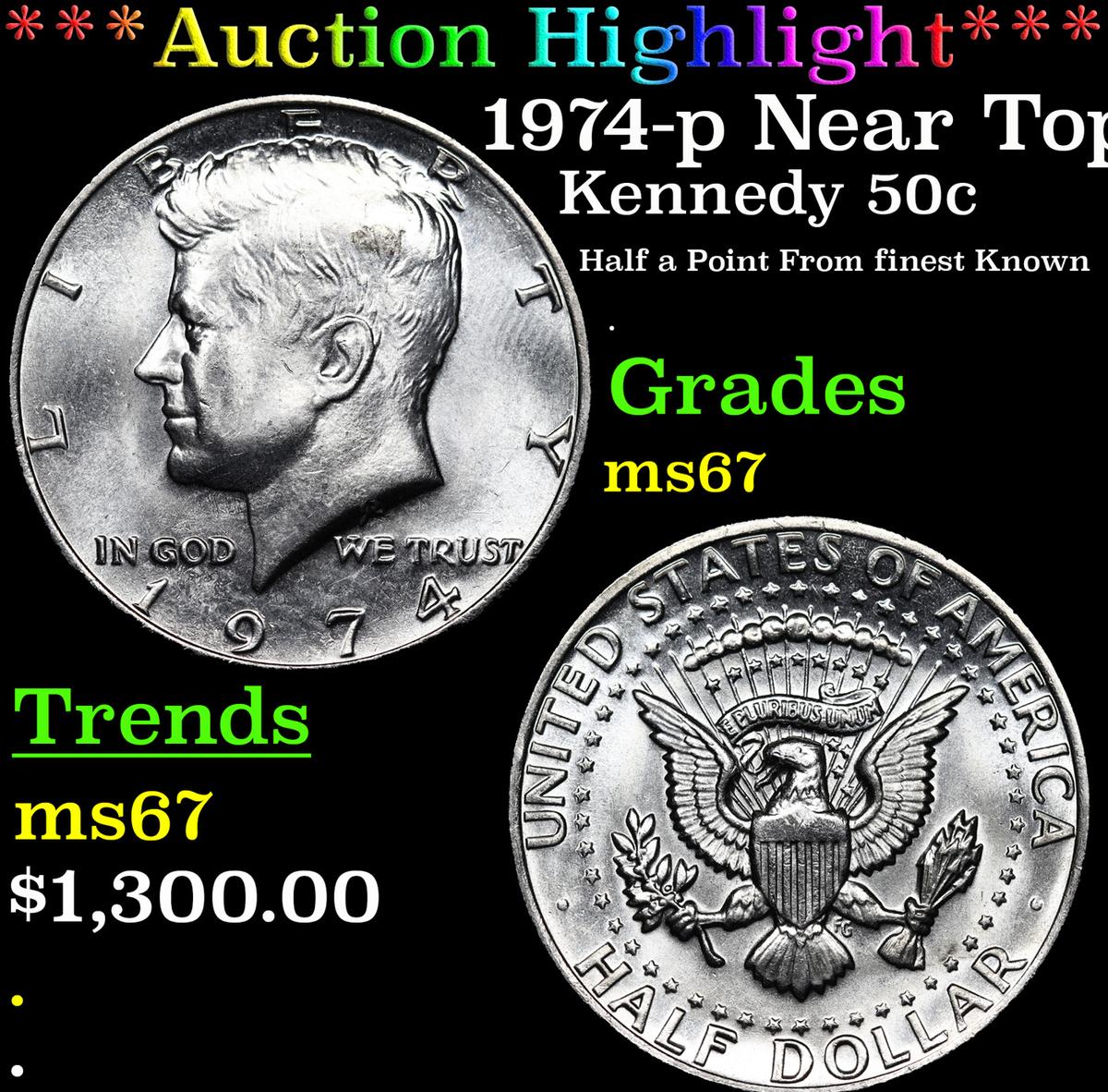 ***Auction Highlight*** 1974-p Kennedy Half Dollar Near Top Pop! 50c Graded ms67 By SEGS (fc)