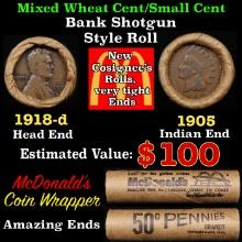 Lincoln Wheat Cent 1c Mixed Roll Orig Brandt McDonalds Wrapper, 1918-d end, 1905 Indian other end