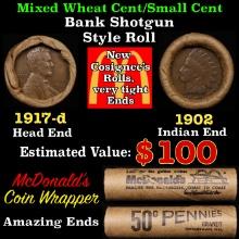 Lincoln Wheat Cent 1c Mixed Roll Orig Brandt McDonalds Wrapper, 1917-d end, 1902 Indian other end