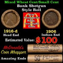 Lincoln Wheat Cent 1c Mixed Roll Orig Brandt McDonalds Wrapper, 1916-d end, 1906 Indian other end