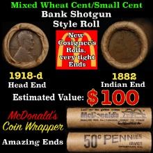 Lincoln Wheat Cent 1c Mixed Roll Orig Brandt McDonalds Wrapper, 1918-d end, 1882 Indian other end