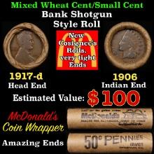 Lincoln Wheat Cent 1c Mixed Roll Orig Brandt McDonalds Wrapper, 1917-d end, 1906 Indian other end