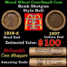 Lincoln Wheat Cent 1c Mixed Roll Orig Brandt McDonalds Wrapper, 1919-d end, 1907 Indian other end