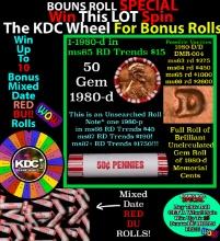 1-10 FREE BU RED Penny rolls with win of this 1980-d SOLID RED BU Lincoln 1c roll incredibly FUN whe