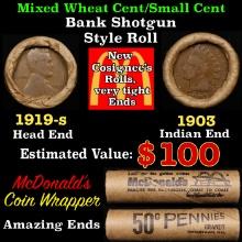 Lincoln Wheat Cent 1c Mixed Roll Orig Brandt McDonalds Wrapper, 1919-s end, 1903 Indian other end