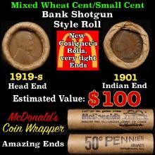 Small Cent Mixed Roll Orig Brandt McDonalds Wrapper, 1919-s Lincoln Wheat end, 1901 Indian other end