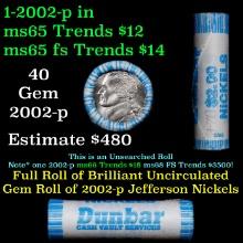 BU Shotgun Jefferson 5c roll, 2002-p 40 pcs Dunbar $2 Nickel Wrapper