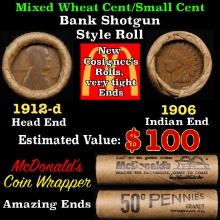 Small Cent Mixed Roll Orig Brandt McDonalds Wrapper, 1912-d Lincoln Wheat end, 1906 Indian other end