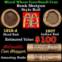 Small Cent Mixed Roll Orig Brandt McDonalds Wrapper, 1916-d Lincoln Wheat end, 1907 Indian other end