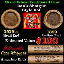 Small Cent Mixed Roll Orig Brandt McDonalds Wrapper, 1919-s Lincoln Wheat end, 1899 Indian other end