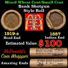 Small Cent Mixed Roll Orig Brandt McDonalds Wrapper, 1919-s Lincoln Wheat end, 1887 Indian other end