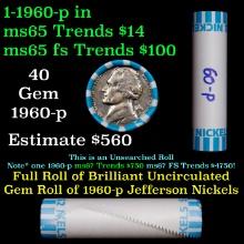 BU Shotgun Jefferson 5c roll, 1960-p 40 pcs Bank $2 Nickel Wrapper