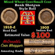 Small Cent Mixed Roll Orig Brandt McDonalds Wrapper, 1918-d Lincoln Wheat end, 1903 Indian other end