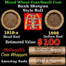 Small Cent Mixed Roll Orig Brandt McDonalds Wrapper, 1919-s Lincoln Wheat end, 1898 Indian other end