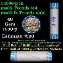 BU Shotgun Jefferson 5c roll, 1960-p 40 pcs Bank $2 Nickel Wrapper