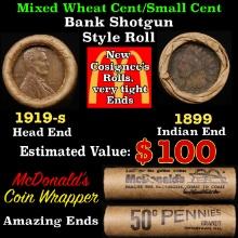 Small Cent Mixed Roll Orig Brandt McDonalds Wrapper, 1919-s Lincoln Wheat end, 1899 Indian other end