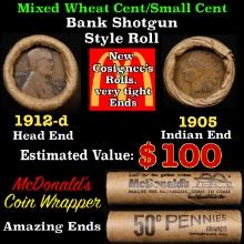 Small Cent Mixed Roll Orig Brandt McDonalds Wrapper, 1912-d Lincoln Wheat end, 1905 Indian other end
