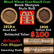 Small Cent Mixed Roll Orig Brandt McDonalds Wrapper, 1919-s Lincoln Wheat end, 1906 Indian other end