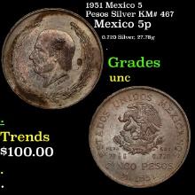 1951 Mexico 5 Pesos Silver KM# 467 Grades Brilliant Uncirculated