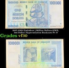 2007-2008 Zimbabwe 1 Million Dollars (ZWR, 3rd Dollar) Hyperinflation Banknote P# 77 Grades vf++