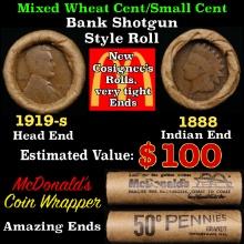 Small Cent Mixed Roll Orig Brandt McDonalds Wrapper, 1919-s Lincoln Wheat end, 1888 Indian other end