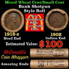 Small Cent Mixed Roll Orig Brandt McDonalds Wrapper, 1918-s Lincoln Wheat end, 1902 Indian other end