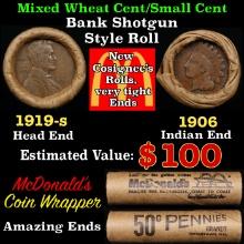 Small Cent Mixed Roll Orig Brandt McDonalds Wrapper, 1919-s Lincoln Wheat end, 1906 Indian other end