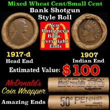 Small Cent Mixed Roll Orig Brandt McDonalds Wrapper, 1917-d Lincoln Wheat end, 1907 Indian other end