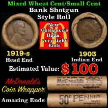 Small Cent Mixed Roll Orig Brandt McDonalds Wrapper, 1919-s Lincoln Wheat end, 1903 Indian other end