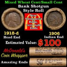 Small Cent Mixed Roll Orig Brandt McDonalds Wrapper, 1918-d Lincoln Wheat end, 1906 Indian other end