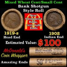 Small Cent Mixed Roll Orig Brandt McDonalds Wrapper, 1919-s Lincoln Wheat end, 1902 Indian other end