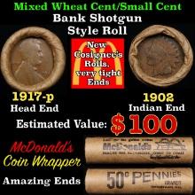 Small Cent Mixed Roll Orig Brandt McDonalds Wrapper, 1917-p Lincoln Wheat end, 1902 Indian other end