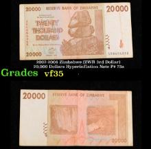 2007-2008 Zimbabwe (ZWR 3rd Dollar) 20,000 Dollars Hyperinflation Note P# 73a Grades vf++