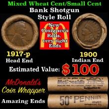 Small Cent Mixed Roll Orig Brandt McDonalds Wrapper, 1917-p Lincoln Wheat end, 1900 Indian other end