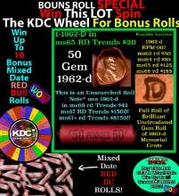 1-10 FREE BU RED Penny rolls with win of this 1962-d SOLID RED BU Lincoln 1c roll incredibly FUN whe