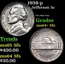 1958-p Jefferson Nickel 5c Grades Choice Unc+ 5fs