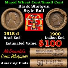 Small Cent Mixed Roll Orig Brandt McDonalds Wrapper, 1918-d Lincoln Wheat end, 1900 Indian other end