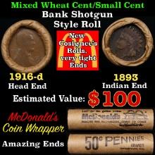 Small Cent Mixed Roll Orig Brandt McDonalds Wrapper, 1916-d Lincoln Wheat end, 1893 Indian other end